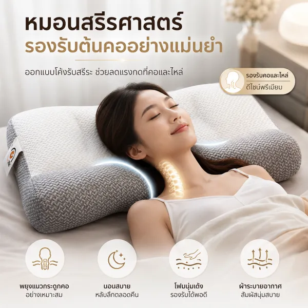 หมอนสุขภาพ ออกแบบตามหลักสรีรศาสตร์ รองรับต้นคออย่างเหมาะสม เพื่อการนอนที่สบายกว่าเดิม หมอนหนุน แนบรับสรีระต้นคอ ช่วยกระจายแรงกดทับ หลับสบายตลอดคืน หมอนเพื่อสุขภาพ ลองครั้งเดียว แล้วจะไม่อยากกลับไปใ...