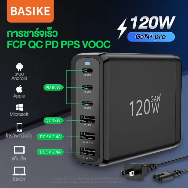 Basike หัวชาร์จเร็ว หัวชาร์จ USB Type C Charger GaN Quick Charge หัวชาร์จเร็ว 6พอร์ต 3type C+3USB 120W QC 4.0 Adapter อแดปเตอร์ หัวชาร์จ Compatible with MacBook Pro Air Notebook Laptop มือถือ สมาร์...