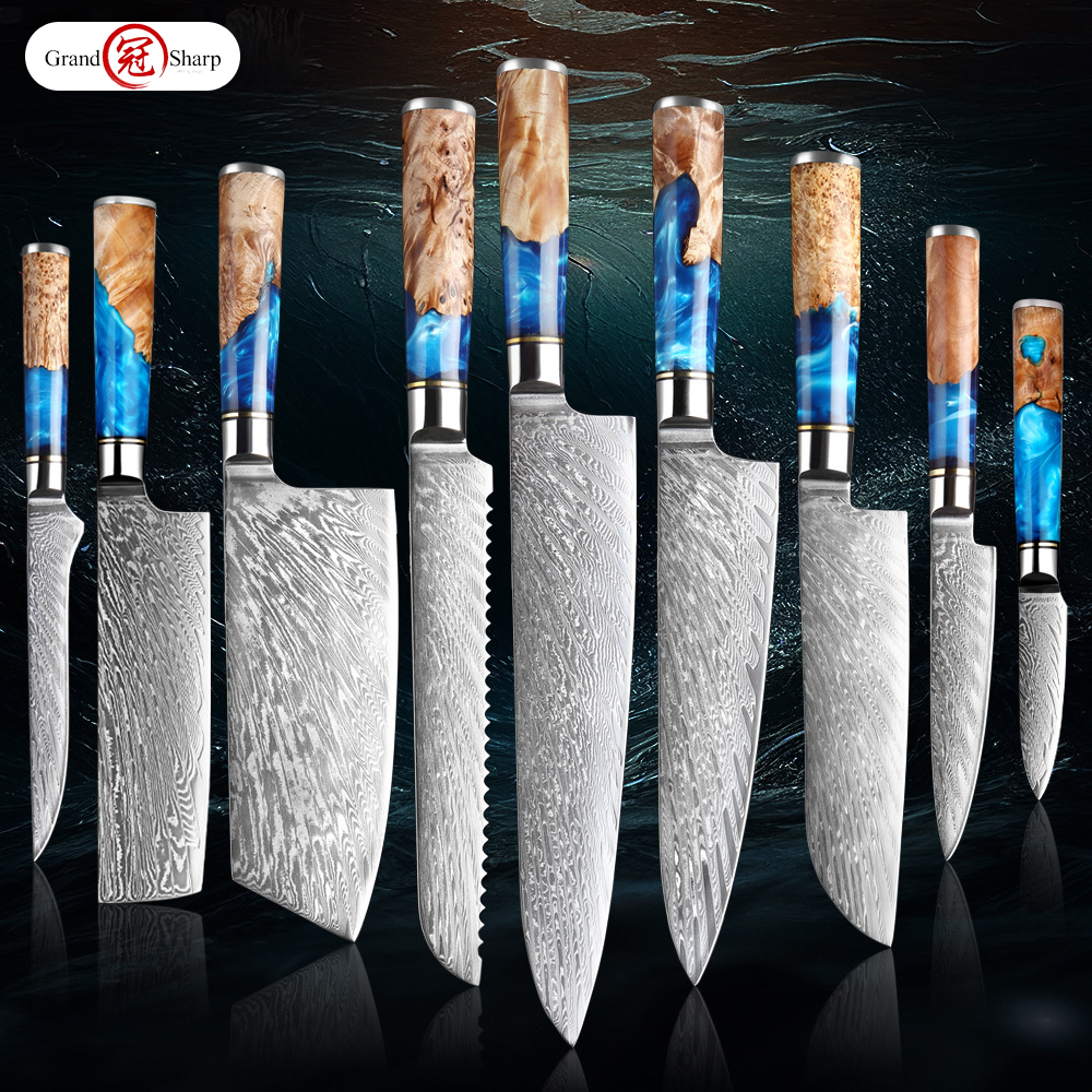 67 Layer Japanese Damascus Steel Kitchen Knives VG10 Chef Knife Cleaver Paring Bread Knife Blue Resin and Color Wood Handle Kitchen Knives set 🔥พร้อมส่ง🔥ส่งจากร้าน Malcolm Store กรุงเทพฯ