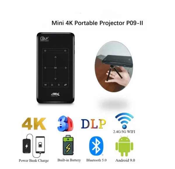 P09-II แบบพกพาDLP Mini Pocket โปรเจคเตอร์Android 9.0 1GB RAM 8GB WIFI5 BT4.2 4K HD Beamerโฮมเธียเตอร์ LED Video Proyector