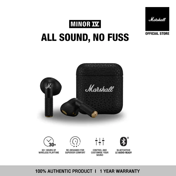 MARSHALL MINOR IV BLACK - รับประกัน 1 ปี + ส่งฟรีทั่วไทย (หูฟังบลูทูธ, หูฟังไร้สาย, หูฟัง true wireless, หูฟัง marshall ของแท้, หูฟังเบสหนัก)
