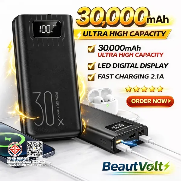 Powerbank 30000 mah แท้ fast charge พาว์เวอร์แบงค์ 100% LCD With Flash Light USB แบตสำรองชาร์จเร็ว พาเวอร์แบงค์ ของแท้