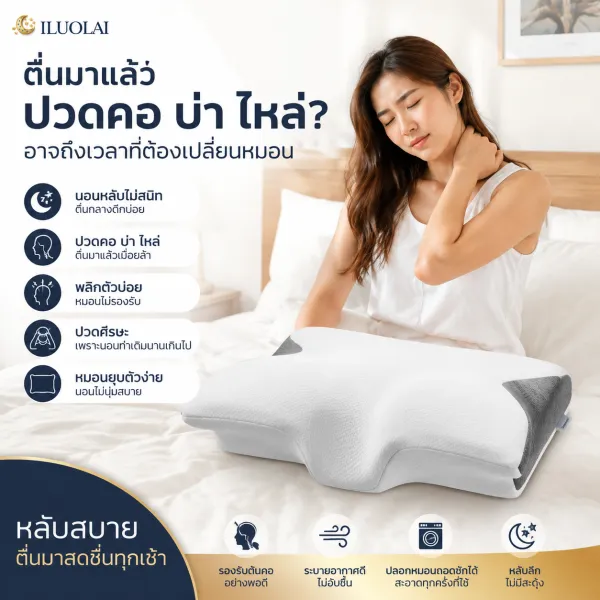 ILUOLAI [จัดส่งฟรี] หมอนผ้าฝ้ายหน่วยความจำ, หมอนเพื่อสุขภาพตามหลักสรีรศาสตร์รองรับคอได้อย่างมีประสิทธิภาพส่งเสริมการนอนหลับสบายลดความเครียดมาพร้อมกับปลอกหมอนที่ถอดออกได้
