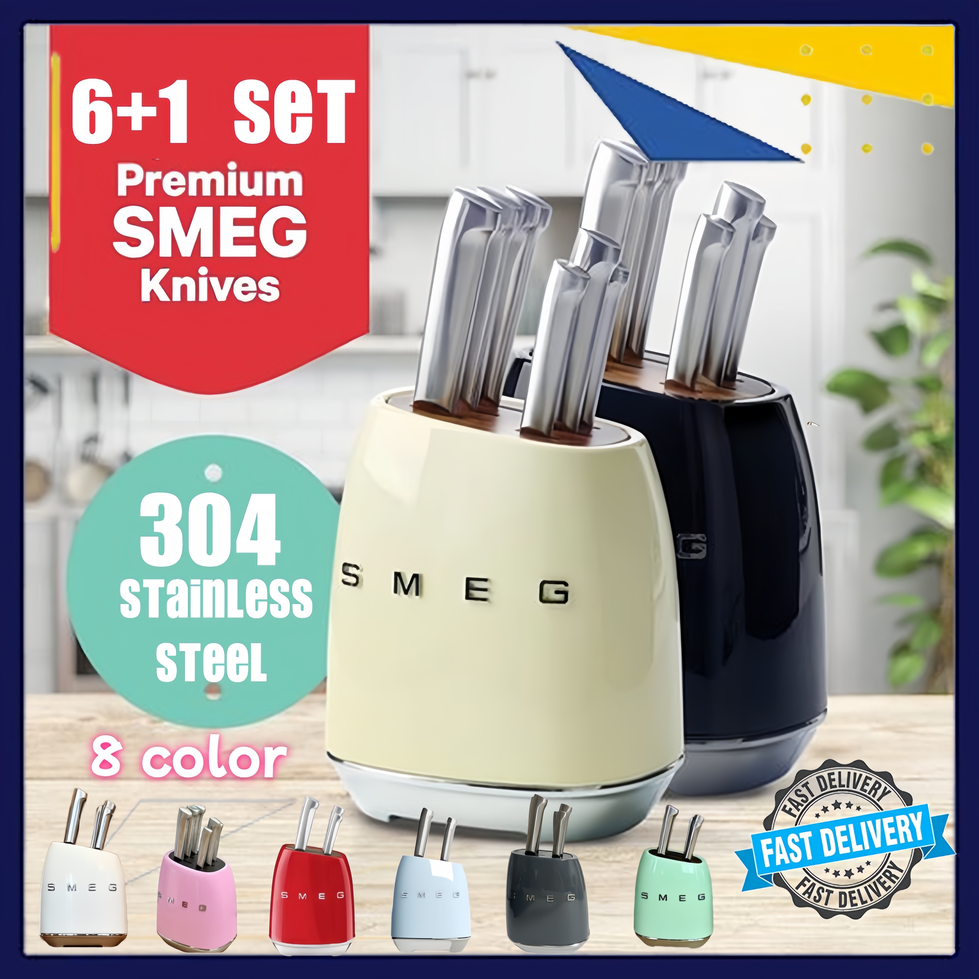 🔥พร้อมส่ง🔥Smeg แท้ 100% ที่เก็บมีด+มีด 6 เล่มพร้อมที่เสียบสไตล์วินเทจ SMEG ชุดที่ใส่มีด มีดหั่นขนมปัง มีดทำครัวในบ้าน