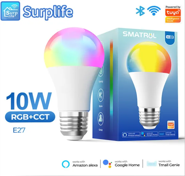 【ถูกที่สุด ในไทย+จัดส่งฟรี】 หลอดไฟอัจฉริยะ Surplife Bluetooth/WiFi Smart Light Bulb RGB E27 10W Dimmble ปรับสีได้ 16 ล้านสี หรี่ไฟได้ ปรับระดับความสว่างได้ หลอดไฟอัจฉริยะสำหรับ Google assisatnt Sma...