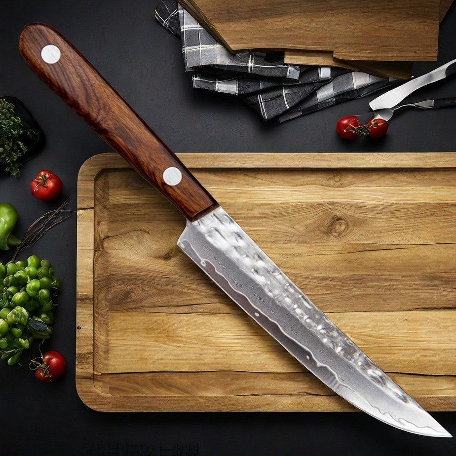 มีด อเนกประสงค์ 5นิ้ว ดามัสกัสแท้ ตีเหล็กกระทบเรียงชั้น เปิดคม คมกริบ ด้ามจับไม้แท้ พร้อมส่ง