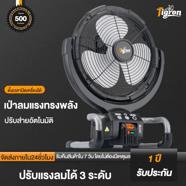 Tigron พัดลมไร้สาย 16 นิ้ว พัดลมพกพาแบบชาร์จไฟ มอเตอร์ไร้แปรงถ่าน ลมแรง เงียบ ใช้ไฟบ้าน/แบตเตอรี่ได้ พัดลมตั้งพื้น ส่ายอัตโนมัติ ปรับ 3 ระดับ ตั้งเวลาได้ พัดลมสำหรับในบ้านและกลางแจ้ง TG-LF12