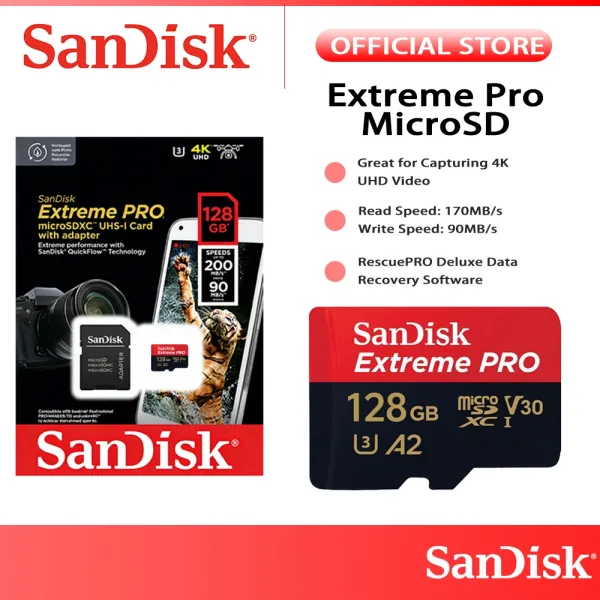 SanDisk Extreme Pro MicroSD 128GB ความจุสูง ความเร็วสูง เหมาะสำหรับการถ่ายวิดีโอ 4K UHD ความเร็วในการอ่าน 170MB/s ความเร็วในการเขียน 90MB/s ซอฟต์แวร์กู้คืนข้อมูล RescuePRO Deluxe
