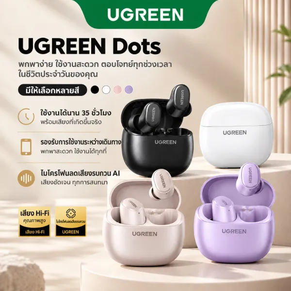 UGREEN Dots หูฟังบลูทูธไร้สาย Bluetooth 6.0 เทคโนโลยี Spatial Sound Hi-Fi ชัดเจน AI ตัดเสียงรบกวน สวมใส่สบายตลอดวัน รองรับแอปค้นหา Model:75628