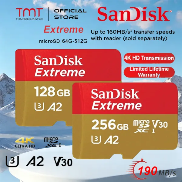 SanDisk Extreme Micro SD Card 128GB 256GB 64GB 190MB/s A2 V30 4K UHD Memory Card for GoPro DJI Drone