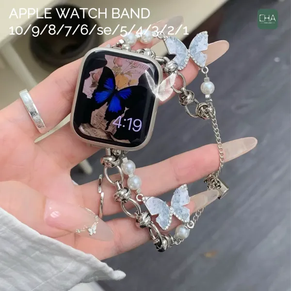 สายนาฬิกา ไข่มุก ผีเสื้อ Apple Watch Butterfly 11/10 / 9/8/7/6/5/4/3/2 SE Premium สายคล้องข้อมือระบายอากาศได้ดีสำหรับผู้หญิง