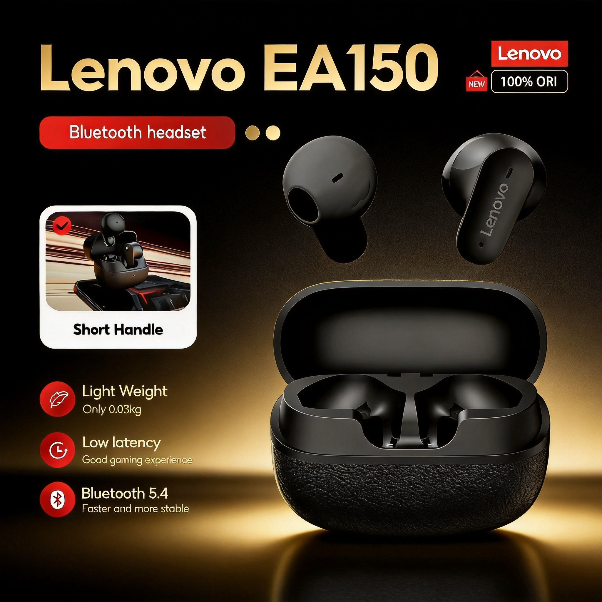 Lenovo หูฟังบลูทูธ EA150 TWS อินเอียร์หูจับสั้นบลูทูธหูฟังแบตเตอรี่อายุการใช้งานยาวนานควบคุมด้วยการสัมผัส5.4น้ำหนักเบาพร้อมไมโครโฟน