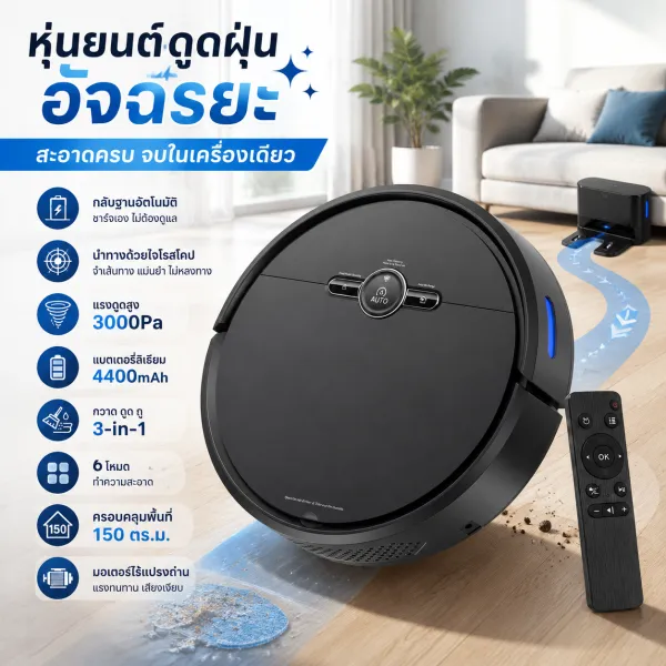 Crestron ชาร์จอัตโนมัติ หุ่นยนต์ดูดฝุน Robotic Vacuum Cleaners เครื่องดูดฝุ่นที่มีไจโรสโคป Epson เครื่องกวาดพื้น ดูดฝุ่น ถูพื้น 3in1 หุ่นยนต์ดูดฝุ่นแรงดูดสูง 3000Pa เครื่องเสียงเงียบ หุ่นยนต์ดูดฝุ่...