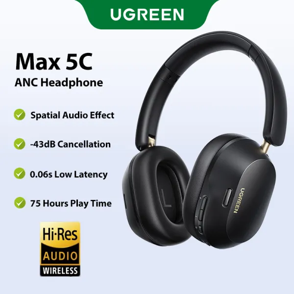 UGREEN HiTune Max5C หูฟัง ANC ลดเสียง 43dB เสียง Hi-Res LDAC ใช้งานได้ 75 ชม พร้อม Spatial Sound Bluetooth 5.4 สำหรับเกม/ฟังเพลง (สีขาว สีดำ) Model: 35757