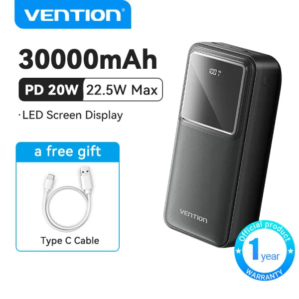 【TISI】Vention พาวเวอร์แบงค์ 30000mAh Power bank 22.5W Fast Charging 10000mAh PowerBank PD 20W LED Display for iPhone 16 15 14 13 Pro iPad Samsung S23 Xiaomi 12t 11t Mobile Phones ios 20000mah เพาเว...