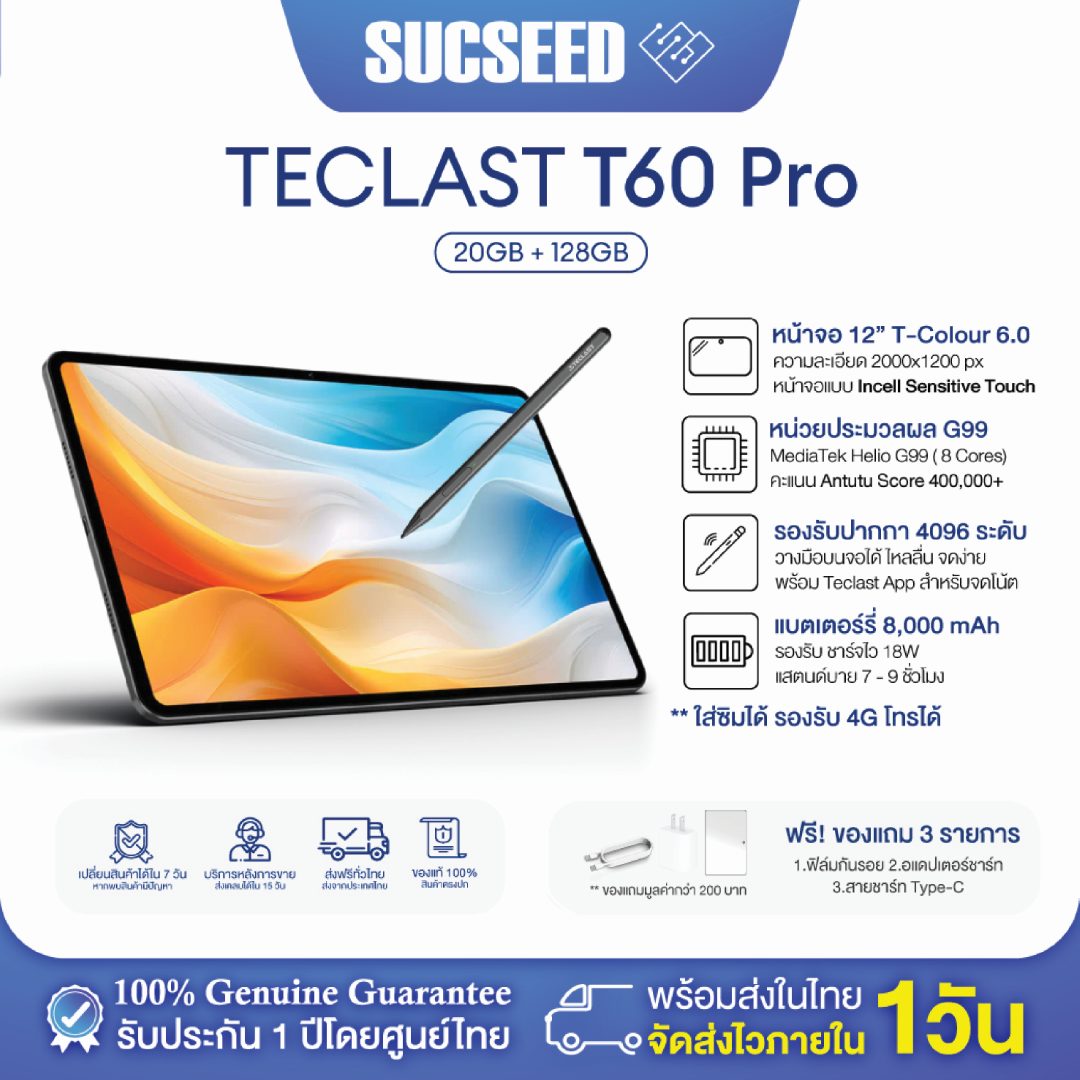 ✨️แถมฟรีเคส✨️ (🖊รองรับปากกาวาดเขียน) แท็บเล็ต Teclast T60 Pro | หน้าจอใหญ่ 12 นิ้ว Helio G99 | RAM 12GB (8+4) | ROM 128GB |🔋แบตเตอรี่ 8000mAh Android 15 ใส่ซิมได้ รองรับรองรับ 4G LTE | ประกันในไทย 1ปี