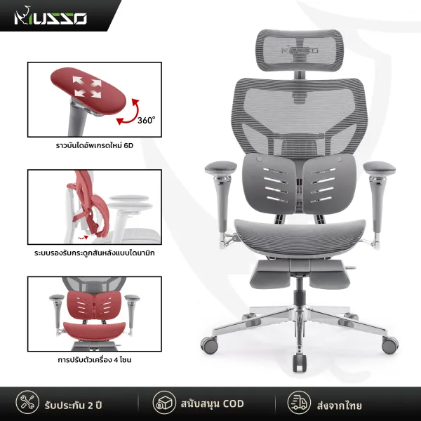 MUSSO X700 เก้าอี้ทำงานเพื่อสุขภาพ Ergonomic chair เก้าอี้ gaming ที่วางแขนปรับได้ 6D เอียงสูงสุด 150°