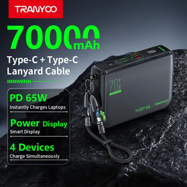 TRANYOO-T-L7【TISI มั่นใจปลอดภัย】Power Banks แบตเตอรี่สำรอง รองรับการชาร์จเร็ว 65W ซุปเปอร์ชาร์จ มาพร้อมสายชาร์จในตัว (สามารถเปลี่ยนเป็นสายคล้องได้)เหมาะสำหรับใช้งานในบ้านและพกพาสำหรับทำงานนอกสถานที...