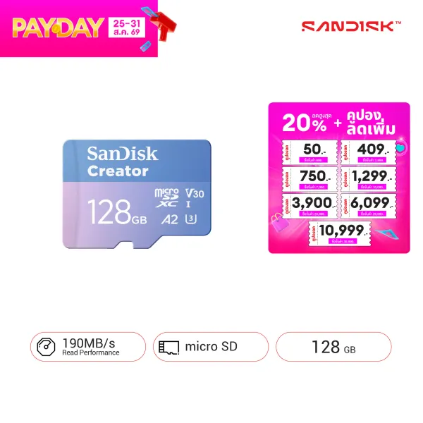 SanDisk Creator Extreme Micro SD Card SDSQXAA, 128GB, C10,UHS-I,U3,V30,A2, R/W Speed 190/90MB/s, (SDSQXAA-128G-GN6MS)