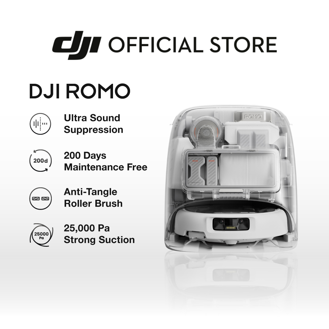 [สินค้าใหม่] DJI ROMO - Robot Vacuum | หุ่นยนต์ดูดฝุ่น ถูพื้น | พลังดูดแรง 25,000 Pa | เเขนถูพื้นยืดได้ครอบคลุมมุม 100%