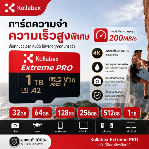 Kollabex การ์ด MicroSD Extreme Pro สูงสุด 200MB / วินาที อ่าน, 140MB / วินาที เขียน A2, UHS-I, U3, V30 สำหรับวิดีโอ 4K UHD 1TB 512GB 256GB 128GB