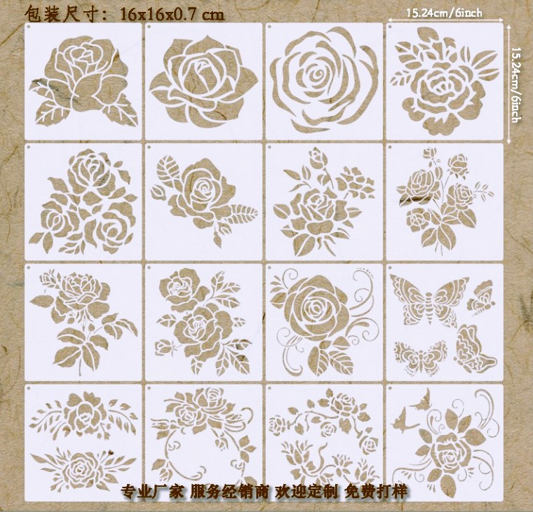 Template drawing/เทมเพลต/แม่แบบวาดลายดอกกุหลาบ roses 15.2x15.2 ซม. DIY Layering Stencils Wall Painting Scrapbook Coloring Embossing Album Decorative Template