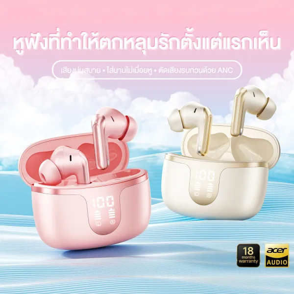 Acer OHR721 หูฟังบลูทูธไร้สาย ENC ANC ตัดเสียงรบกวน -35dB Wireless 6.0 ไมค์ 4 ตัว Hi-Fi แบต 24ชม. กันน้ำ IPX5 รับประกัน18เดือน