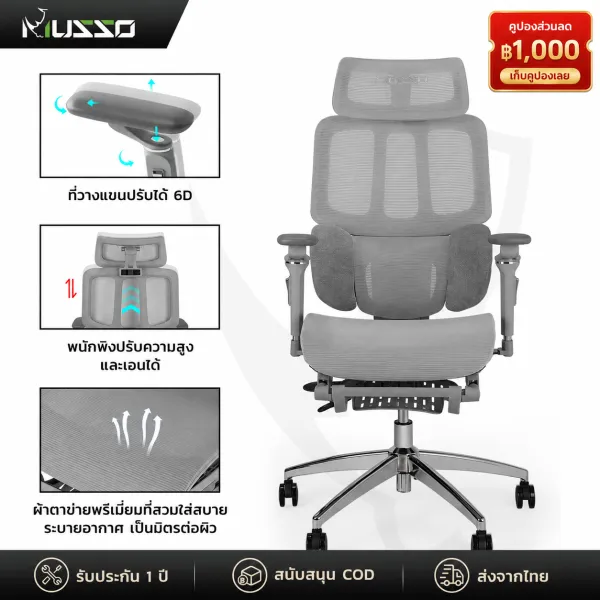 MUSSO เก้าอี้สำนักงานตามหลักสรีรศาสตร์ 6D ที่เท้าแขน พนักพิงศีรษะปรับได้ H80 PRO office chair computer chair Ergonomic chair