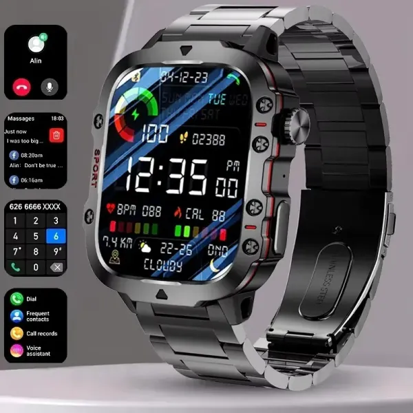 สมาร์ทวอทช์ 2026, โทรผ่านบลูทูธ, หน้าจอสัมผัส 2.01นิ้ว,ตรวจสอบร่างกาย 24 ชั่วโมง,ติดตามการออกกำลังกาย, แจ้งเตือนข้อมูล, กันน้ำ, สไตล์ทหาร,เข้ากันได้กับ Android และ iOS