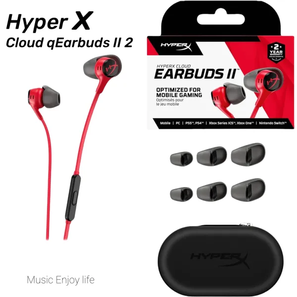 HyperX Cloud Earbuds II Earphones หูฟังเกมมิ่ง หูฟังอินเอียร์ 14mm ไดรเวอร์ ฟิตสบาย ใช้ได้กับทุกเครื่องดีไซน์ใหม่ สะดวกพกพา พร้อมไมค์ในตัว”หูฟังเกมมิ่ง 14mm ไดรเวอร์ ฟิตดี สายตรง 90° ไม่เกะหูฟังเกม...
