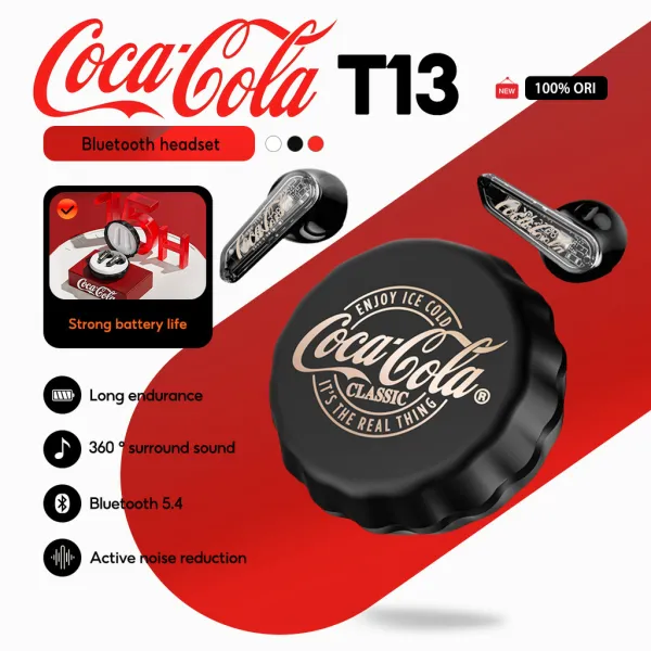 หูฟังบลูทูธไร้สาย Coca-Cola T13 แบบกึ่งอินเอียร์ไดรฟ์เวอร์ไดนามิกไม่มีเสียงรบกวน 13มม. ENC บลูทูธ5.4 อายุการใช้งานแบตเตอรี่สูงสุด15ชม. การควบคุมด้วยระบบสัมผัสชาร์จเร็ว