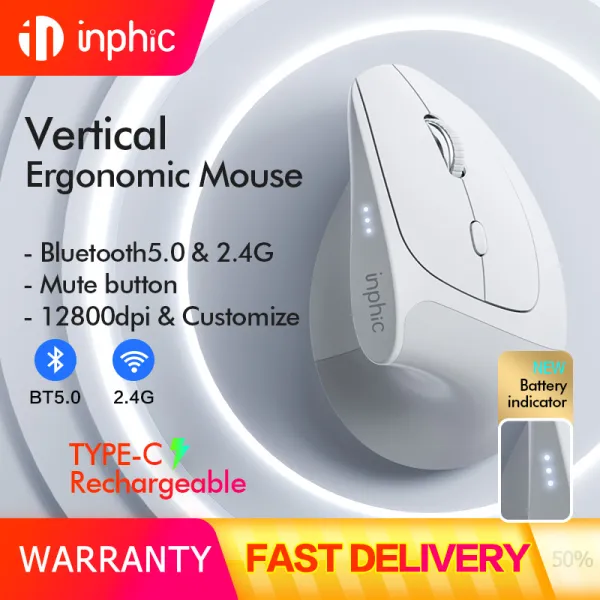 inphic Bluetooth Wireless Mouse แนวตั้งที่เหมาะกับการยศาสตร์ X9 PRO 12800DPI Customizable Buttons แบบไร้สายชาร์จไฟได้เมาส์สำหรับแล็ปท็อป Windows Mac OS PC ที่มีตัวรับสัญญาณ USB 2.4G
