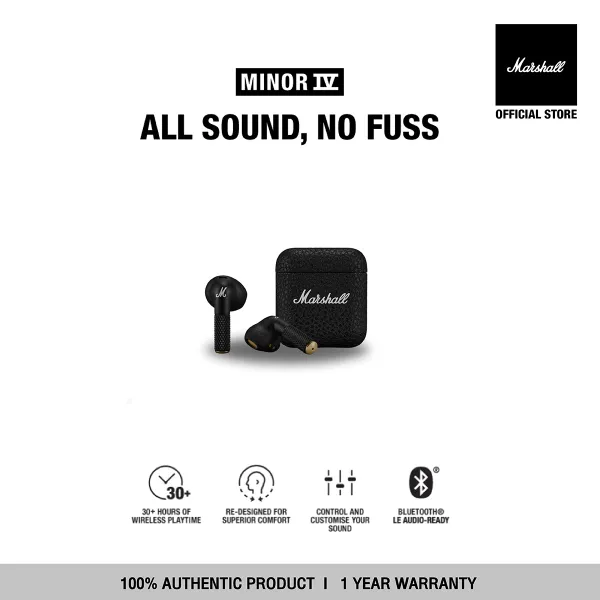 MARSHALL MINOR IV BLACK - รับประกัน 1 ปี + ส่งฟรีทั่วไทย (หูฟังบลูทูธ, หูฟังไร้สาย, หูฟัง true wireless, หูฟัง marshall ของแท้, หูฟังเบสหนัก)