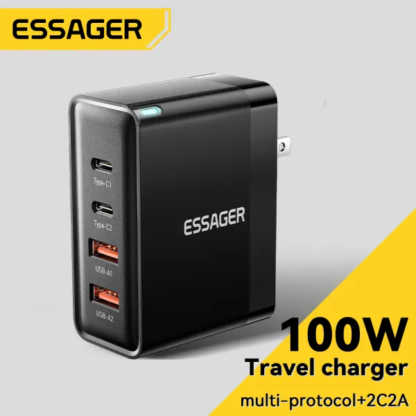 Essager 100W 2C2A Desktop Charger GaN USB C PD Fast Charging Station QC 3.0 PD 3.0 Type C Quick Charge 10W US Plug Charger For iPhone Samsung Huawei MacBook Mobile Phone Chargers