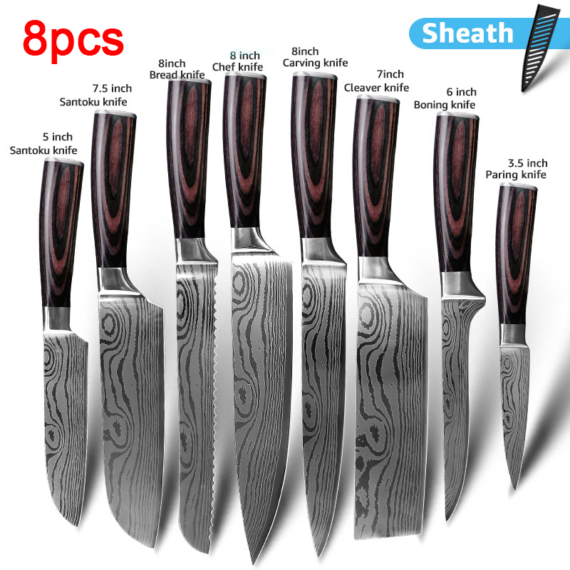 มีดทำครัว มีดครัว มีดผลไม้ Kitchen Knife 8 Inch Japanese Chef Knives 7CR17 440C Stainless Steel Set Laser Damascus Drawing Slicer Meat Santoku Cleaver Tool มีดเชพ