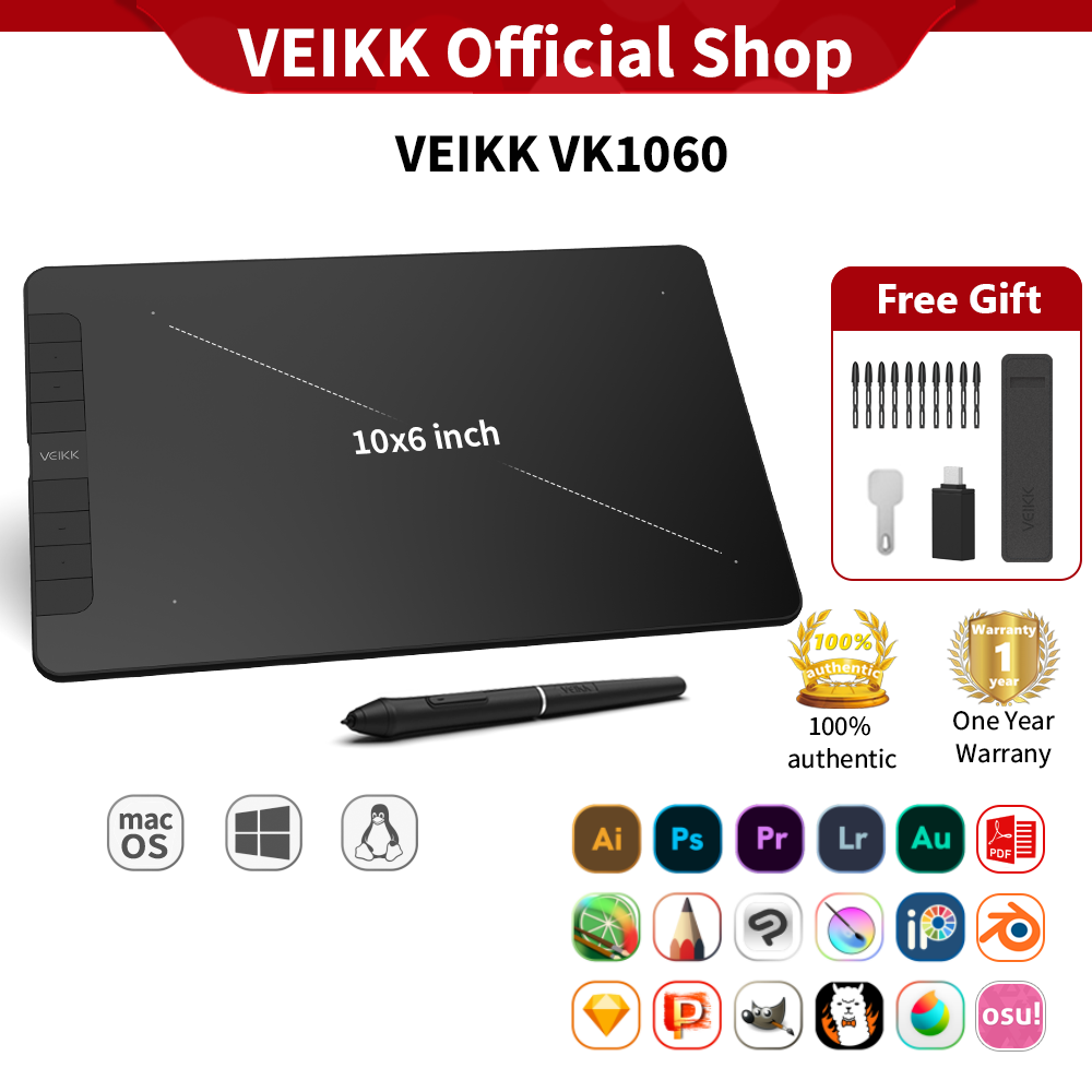 VEIKK VK1060 10x6 inch Graphic Tablet Digital Drawing Pad Digital Art Pen Tablet with 16384 Levels Pressure Sensitivity Battery-Free Pen Support Tilt Function