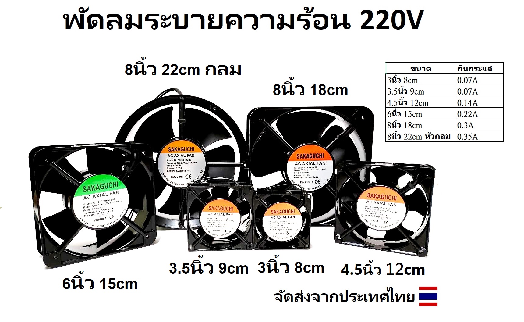 พัดลม 3นิ้ว 8cm / 3.5นิ้ว 9cm / 4.5นิ้ว 12cm / 6นิ้ว 15cm / 8นิ้ว 20cm AC 220V RACK FAN/Cooling Fan ตัวขอบพัดลมเป็นเหล็ก ระบายความร้อน