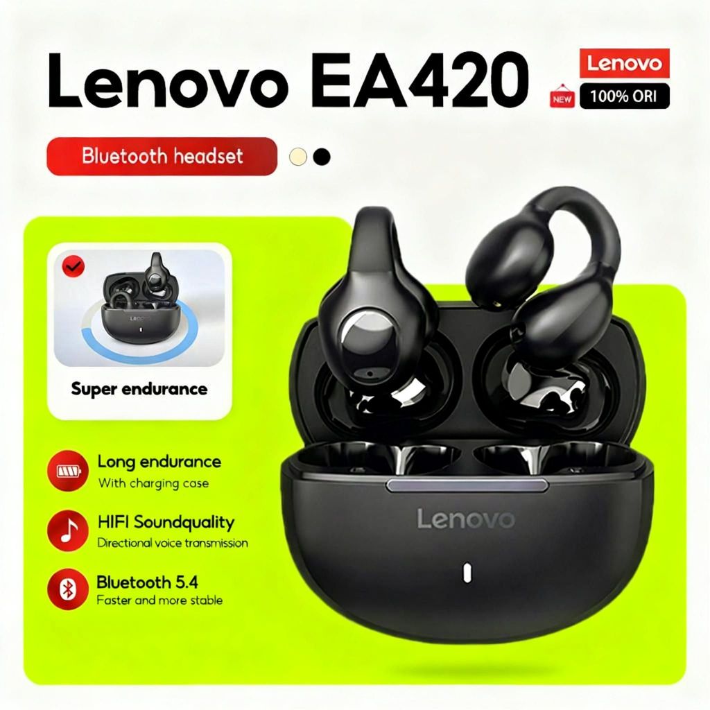 Lenovo หูฟังเอียบัดไร้สาย EA420บลูทูธแบบสัมผัสหูฟังต่างหูแบบหนีบรูปตัวยูแบตเตอรี่อายุการใช้งานยาวนานควบคุมด้วยไมโครโฟน5.4