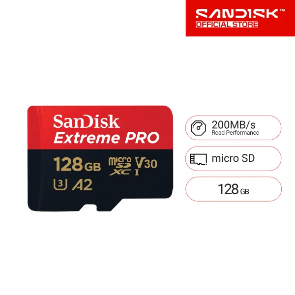 SanDisk Extreme Pro microSDXC, 128GB SQXCD, V30, U3, C10, A2, UHS-I, 200MB/s R, 90MB/s With Adaptor ( SDSQXCD-128G-GN6MA ) ( เมมโมรี่การ์ด ไมโครเอสดี การ์ด )