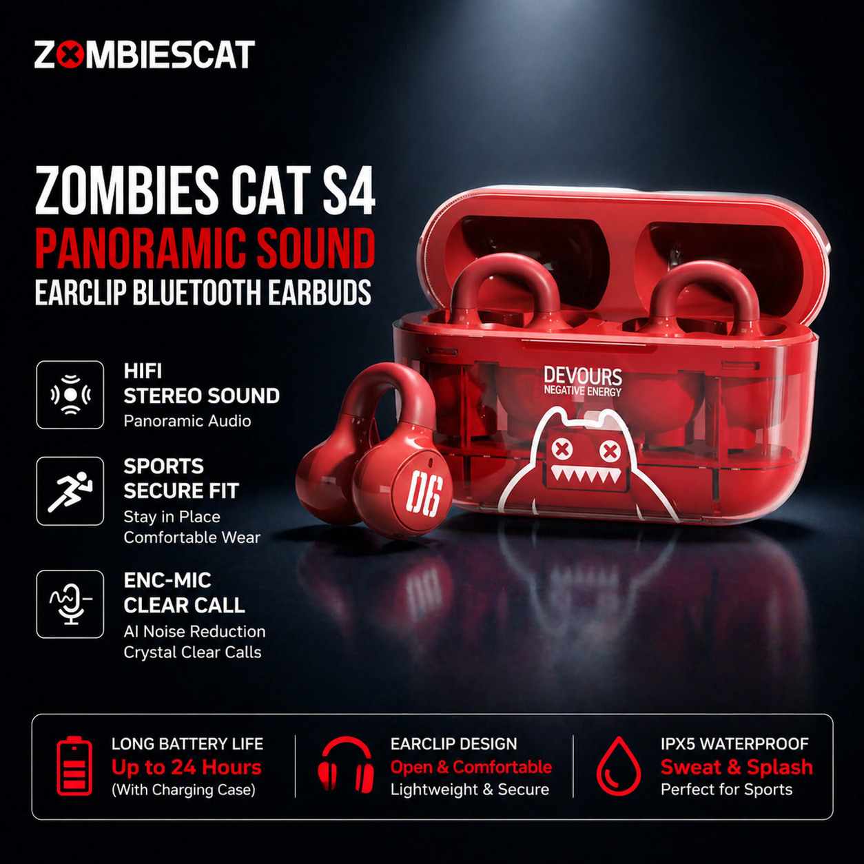 ZOMBIESCAT S4 ไม่มีเสียงรบกวนหูฟังบลูทูธไร้สายแบบคลิปหนีบสำหรับกีฬา & หูฟังสำหรับวิ่งดีไซน์ทันสมัย