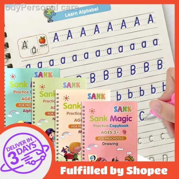 ♣4 Books/Sets of Children's Magic Books, Reusable 3D Calligraphy Copybooks, English Number Lettering Magic Practice Copy