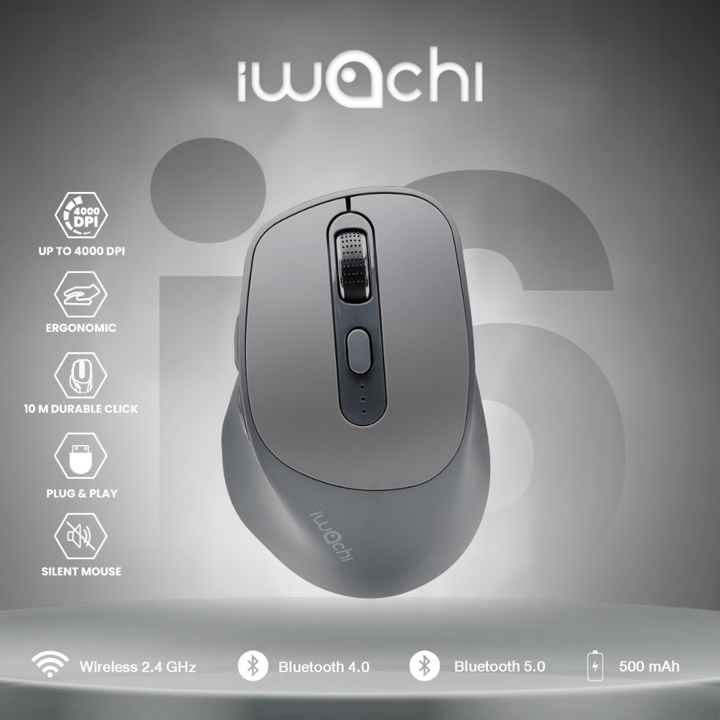 เมาส์ไร้สาย Ergonomic Mouse IWACHI i6 สีเทา ใช้งานได้หลายอุปกรณ์ เสียงคลิกเงียบ ไร้เสียงรบกวน