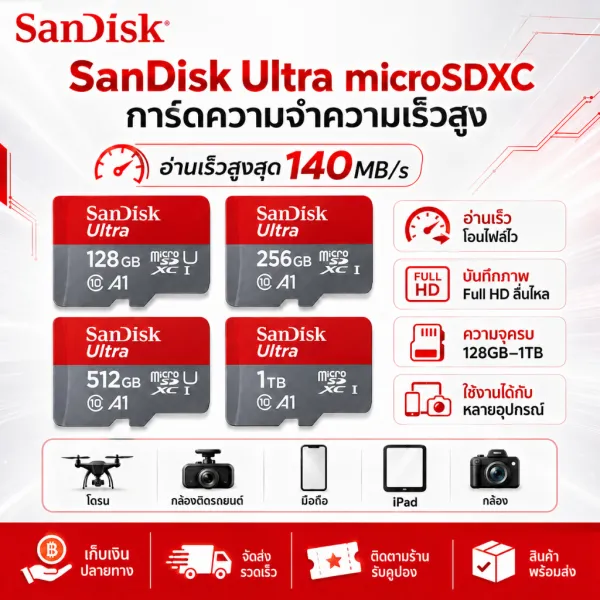 SanDisk Ultra microSD 128GB-1TB Class 10 A1 Memory Card 100% Genuine Ready Stock