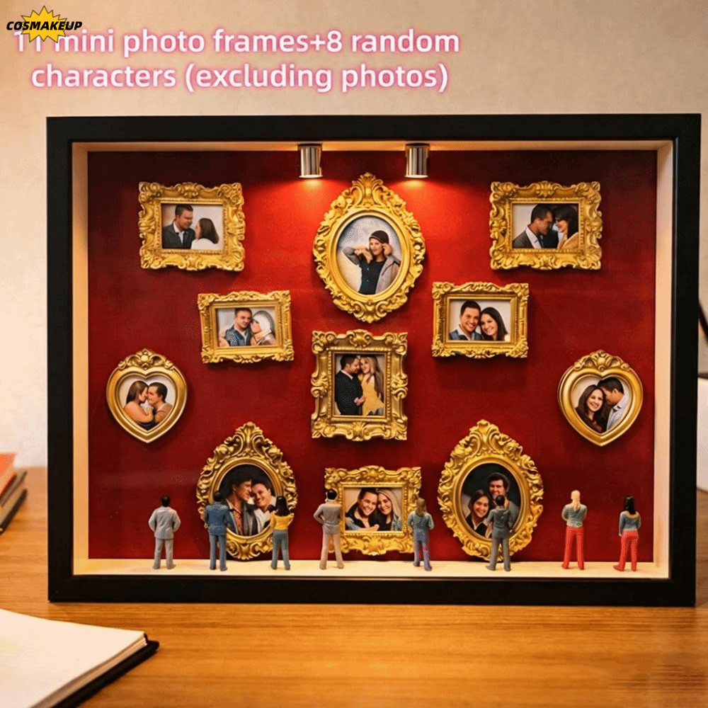 COSMAKEUP DIY Mini Museum Silhouette Box, 8 Mini Figurines Gold Frames Memory Display Kit, Creative Miniature Desk Photo Frame LED Light Scrapbook Album สําหรับของขวัญวันครบรอบ