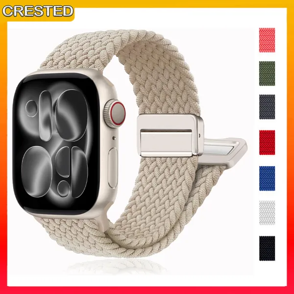 สายผ้าไนลอนแม่เหล็กแบบถักสำหรับนาฬิกา Apple Series11/10/9/8/7/6/5 /Se/ultra-All รุ่น49/46/45/44/42/41/40/38mm ห่วงปรับขนาดได้กันเหงื่อ & สวมใส่สบายสำหรับผู้หญิง & ผู้ชาย