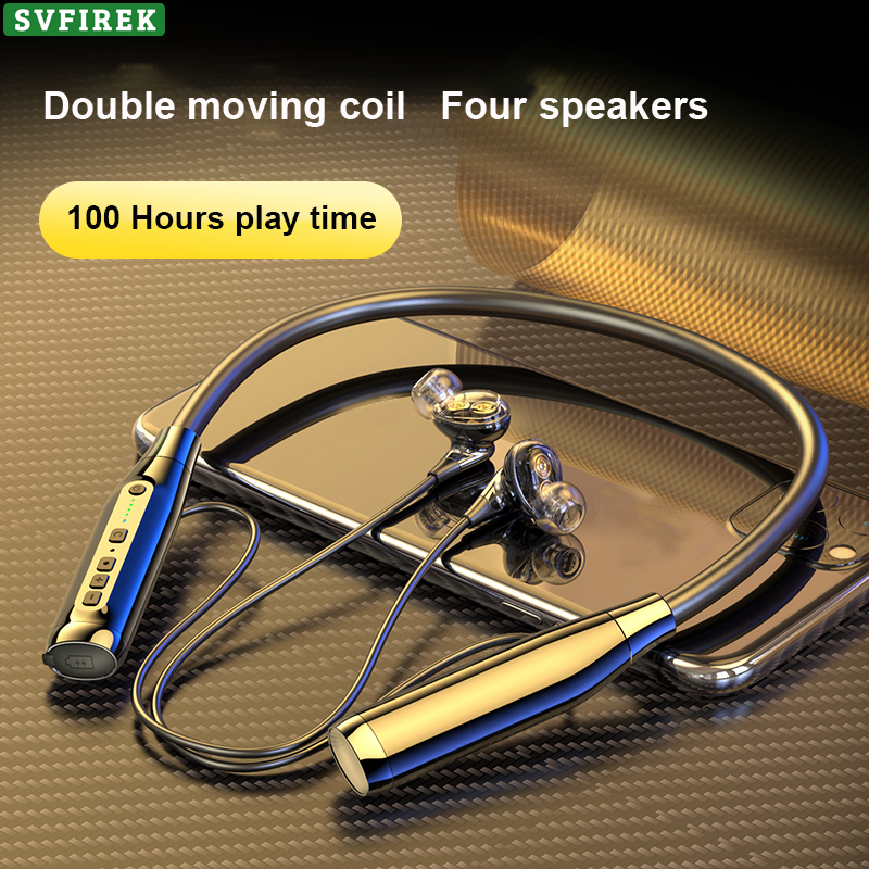 100 Hours Bluetooth Earphone Neck-Mounted Bluetooth5.0 Headphones 4 Speakers Earphones Sport Headset Wireless Earbuds Intelligent Noise Reduction Headphone with Magnetic Absorption Binaural 9D Ster...