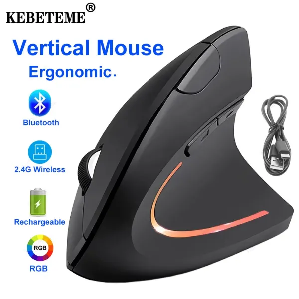 KEBETEME เมาส์โหมดไร้สายแบบคู่เมาส์สรีรศาสตร์เมาส์แนวตั้ง2.4G เมาส์บลูทูธ RGB 1600 DPI เงียบเมาส์สำหรับเครื่องพีซีแล็ปท็อปเดสก์ท็อป