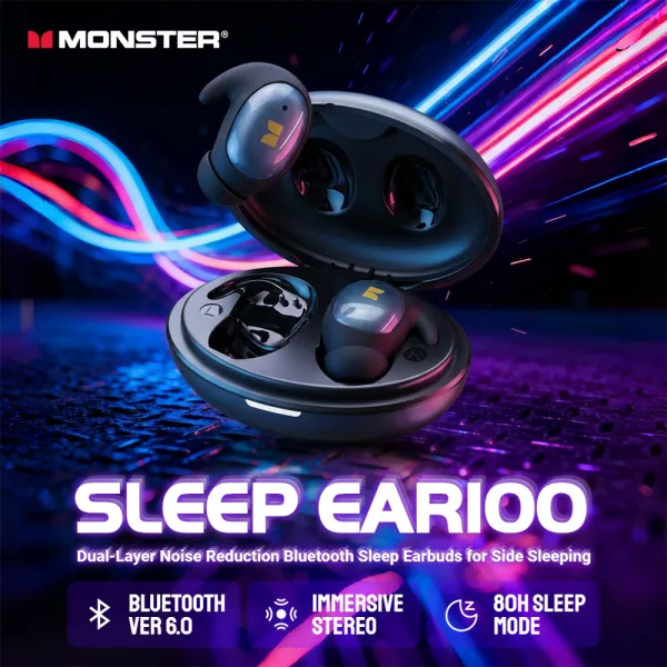 Monster Sleep Ear100 หูฟังบลูทูธอัลกอริธึม AI อัจฉริยะ,6.0บลูทูธสองชั้นลดเสียงรบกวนเสียงเชิงพื้นที่แบบ Immersive สำหรับหูฟังเอียร์บัดด้านข้าง