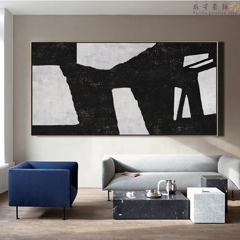Big abstract art on canvas, horizontal painting for wall, modern art, black and white, minimalist, Canvas printing