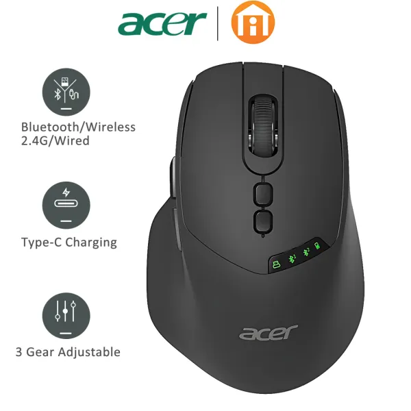 Acer เมาส์ไร้สาย 2.4G ชาร์จเร็ว 7-Key จอแสดงผลแบตเตอรี่ตามหลักสรีรศาสตร์ 10000DPI บลูทูธแบบมีสายเมาส์สำหรับเล่นเกมสำนักงานสำหรับคอมพิวเตอร์แล็ปท็อป
